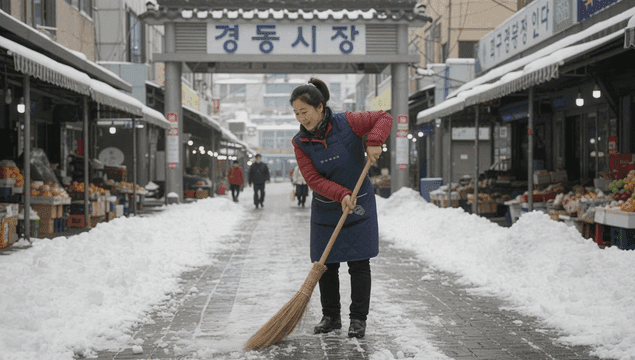 Market vendor woman sweeping snow at market