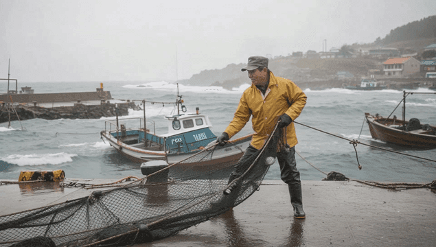 Fisherman pulling nets on a rainy day