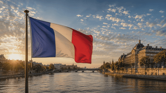 French flag waving by the river at sunset