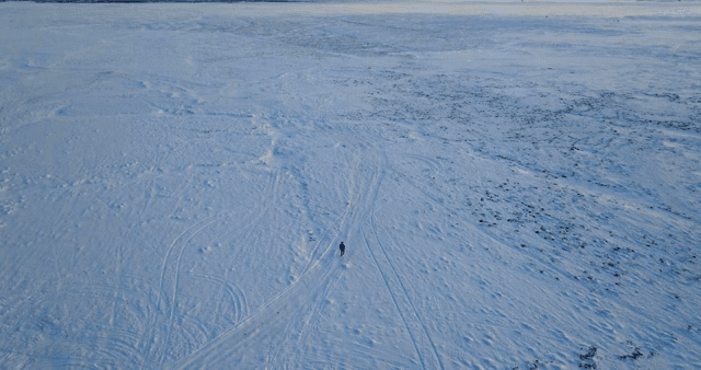 Lone figure walking across a snowy expanse