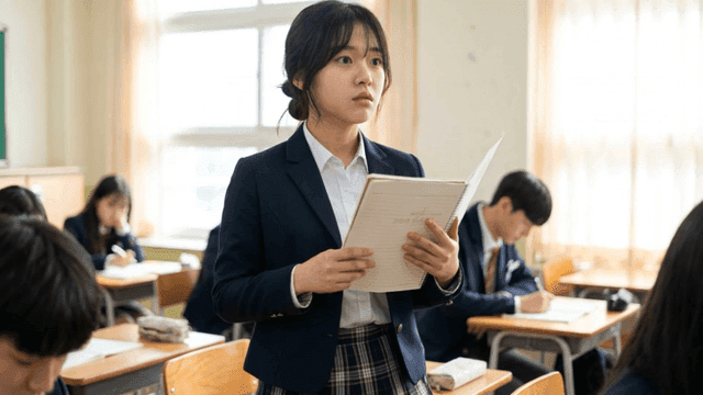 교실에서 공책을 들고 서 있는 놀란 여학생
