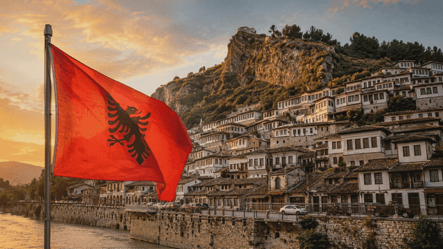 Historic village with Albanian flag at sunset
