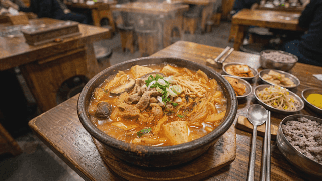 Steaming hot kimchi stew at restaurant