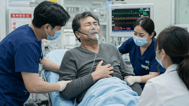 Elderly male patient in emergency room with medical staff