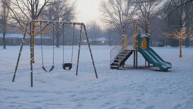 눈 덮인 놀이터와 크리스마스 조명