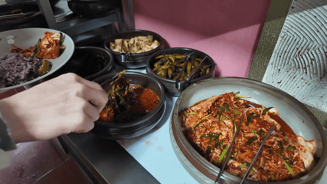 Various Korean side dishes at Korean food buffet