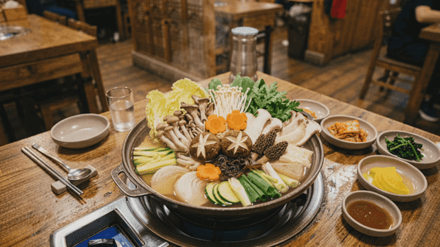 Hot pot containing vegetables and mushrooms