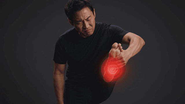Man experiencing foot pain indoors