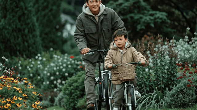정원에서 자전거를 타는 아버지와 아들