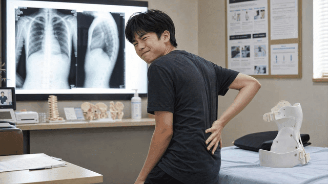 Male teenage patient with back pain in doctor's office
