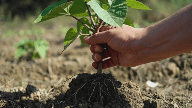 Hands harvesting potatoes from soil