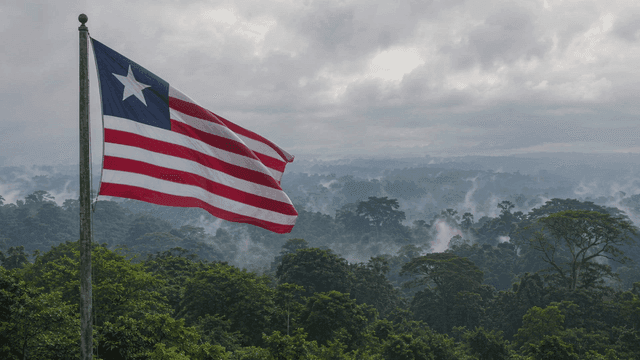 Liberian flag fluttering above foggy forest