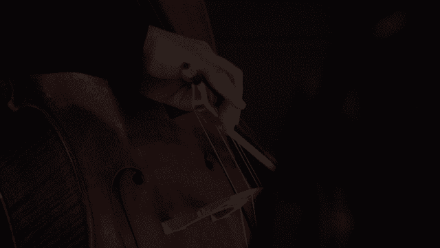 어두운 조명에서 첼로를 연주하는 손