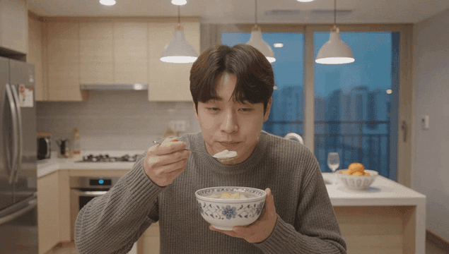 Man eating warm tteokguk in kitchen