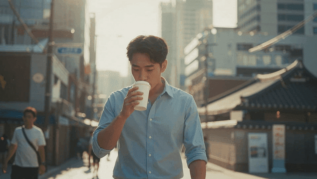 커피를 들고 햇살 가득한 거리 걷는 남자