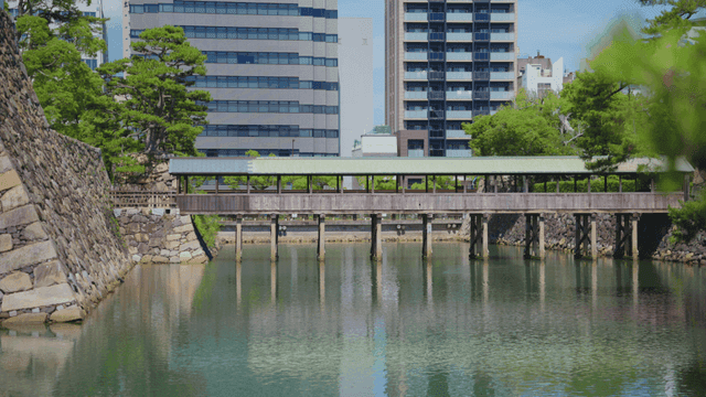 Wooden bridge with a green roof in the city