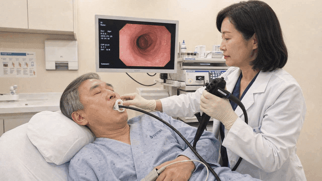 Doctor performs endoscopy on elderly patient