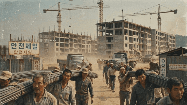 Construction workers carrying materials