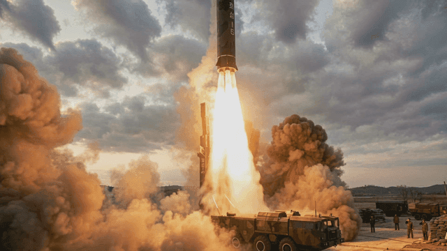 Missile launch accompanied by smoke and flames.