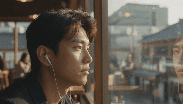 창가에서 음악을 듣는 남자