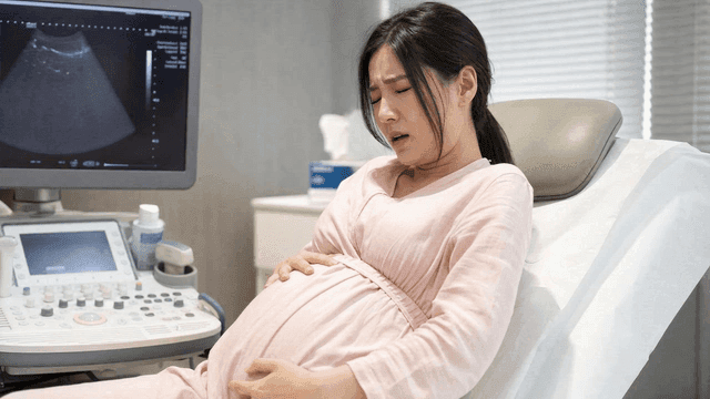 Pregnant woman suffering from abdominal pain in doctor's office