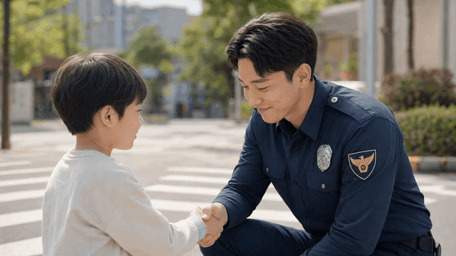 Police officer shaking hands with child