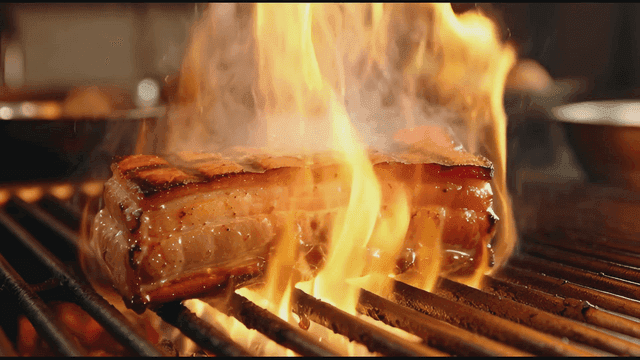 Pork belly grilled over flames and smoke