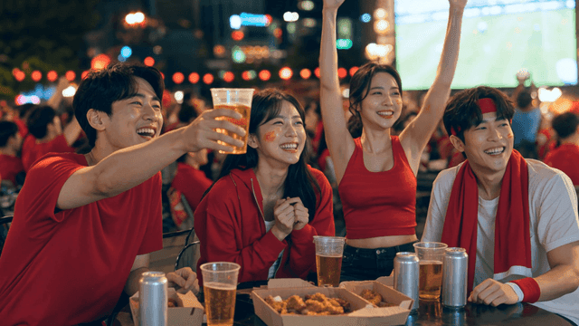 Friends having chicken, beer, and cheering