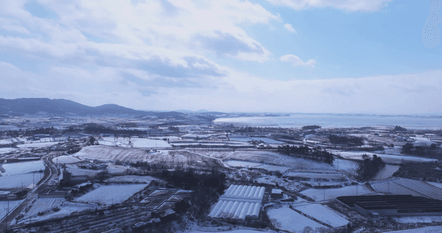 Snow-covered fields and distant sea