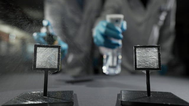 Spraying liquid on two testing grids in lab setting