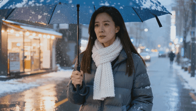 Worried woman in snow with umbrella