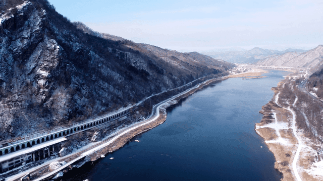 Snowy mountains and a winding river