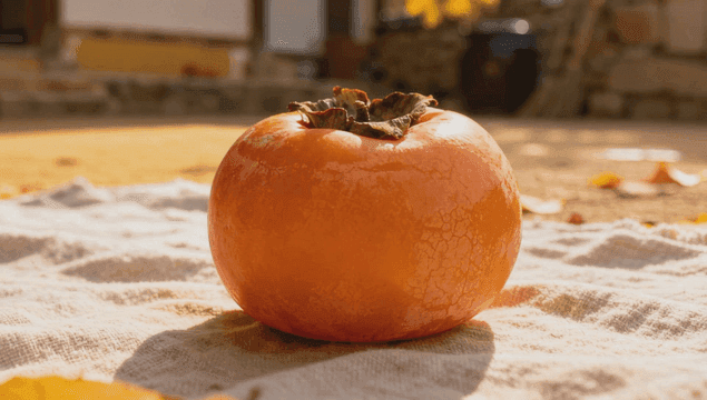 야외 천 위에 놓인 잘 익은 감