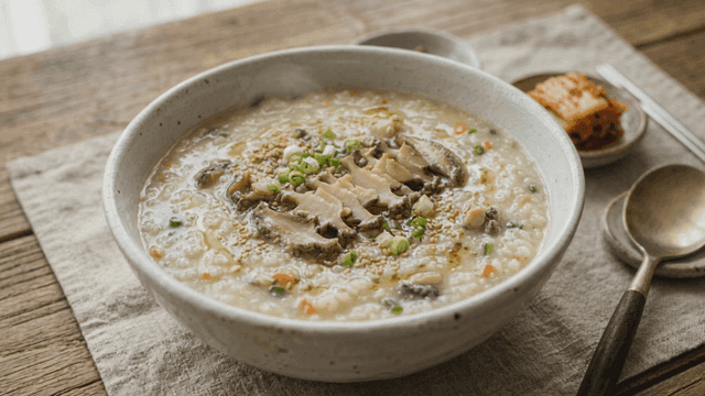Abalone porridge with kimchi on the side
