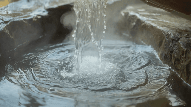 Sight of dipping hands into warm water contained in stones