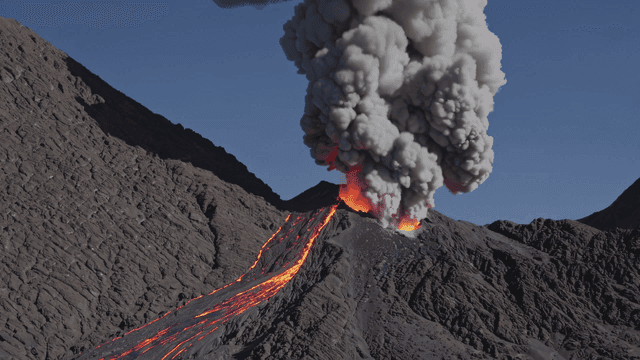 Volcano spewing lava and smoke