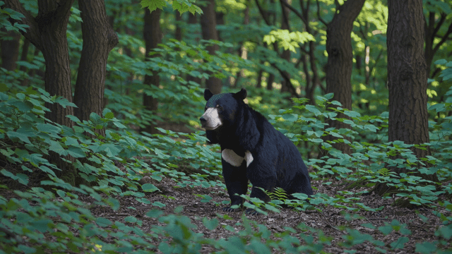 Asiatic black bear sitting in green forest