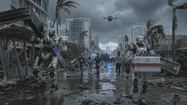 Robots conducting rescue operations in storm-damaged city