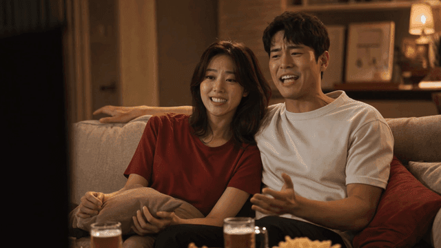 Couple watching TV while laughing, then turning serious