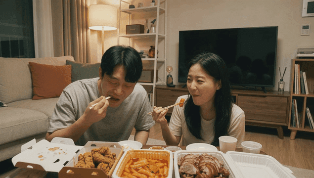 Couple eating delivery food at home