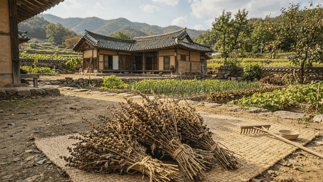 Traditional Korean house with harvested crops