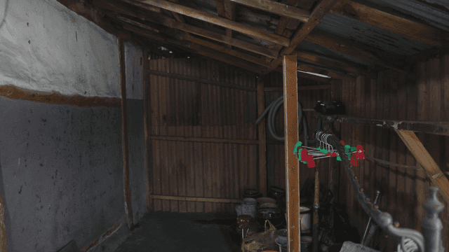 Empty rustic shed with tools and hangers