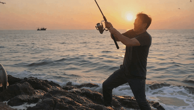 Man celebrating a big catch at the sea at dusk