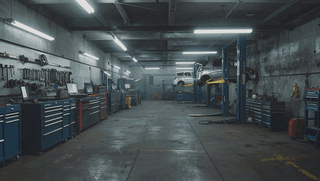 Spacious car repair garage with tools