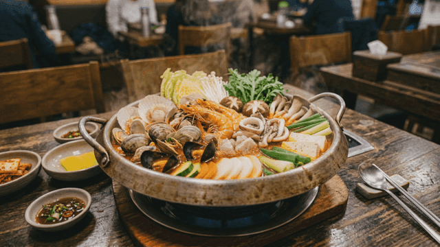 Steaming seafood hot pot on table