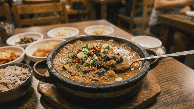 Soybean paste stew and side dishes on table