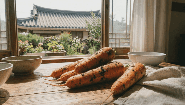 실내 나무 테이블 위의 신선한 당근