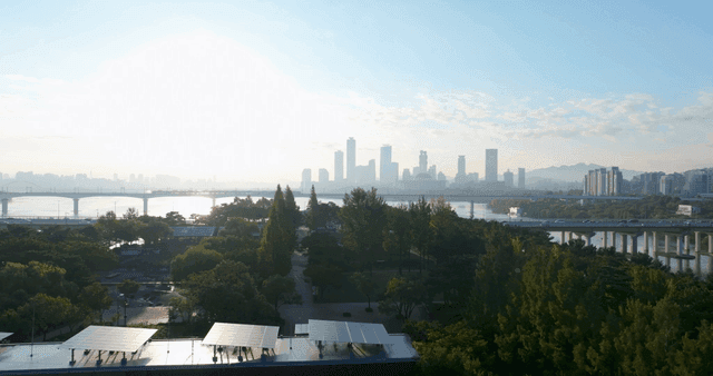 City skyline with rivers and trees