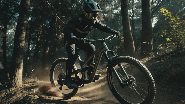 Mountain biking through a forest trail