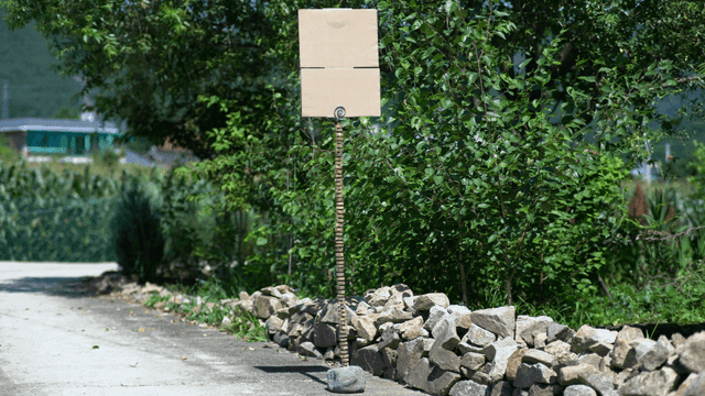 푸른 잎이 무성하고 조각품이 있는 돌길